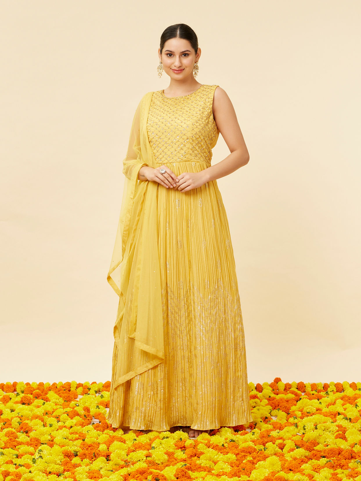 Sunshine Yellow Foiled Gold Print Anarkali Suit image number 0